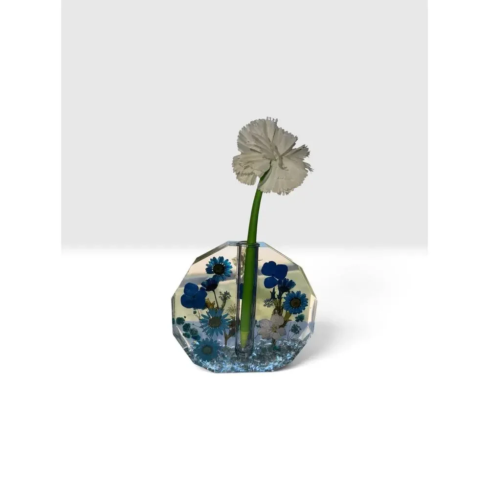 Forever Bloom Blue Meadow Bud Vase Real Pressed Flowers in Crystal Clear Resin